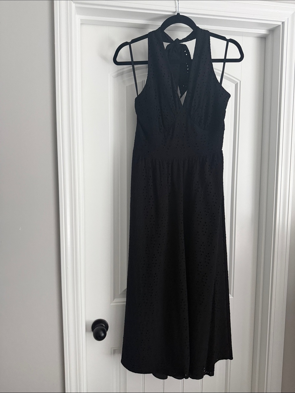 White House Black Market Black Eyelet Halter Midi Dress with Tie Back